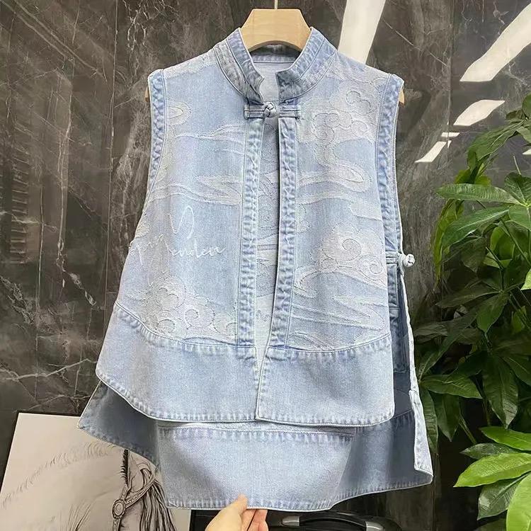 Fashion Denim National Style Chinese Style Vest Loose and Thin Outside Western Style Summer Thin Shoulder Waistcoat