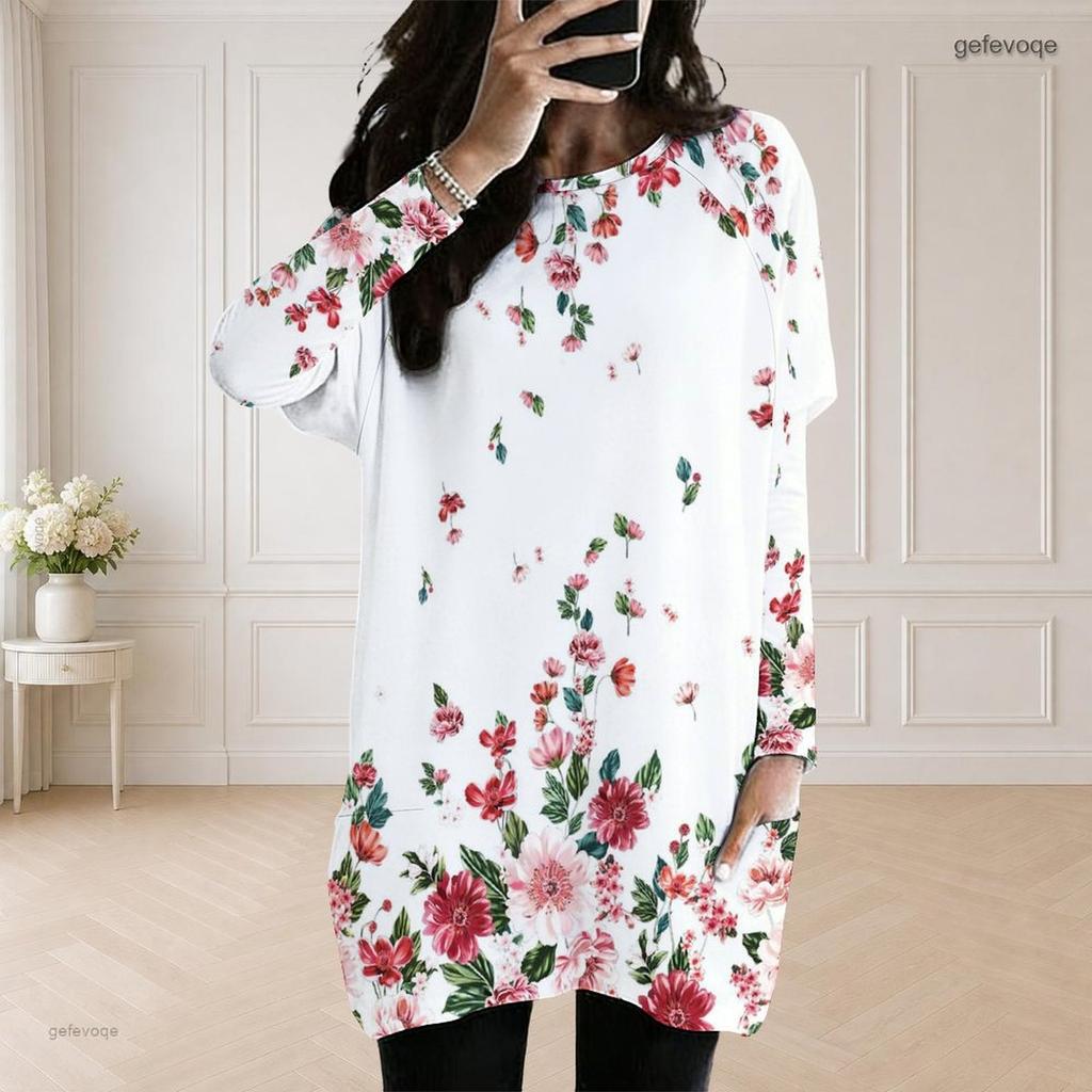 Women Plus Size Round Neck Long Sleeve White Blue Butterfly Print Loose Longline Top With Pockets