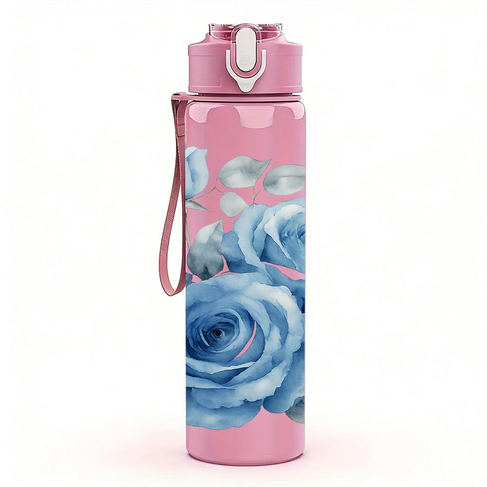1PC Soft Blue Rose Floral Art Print 750ml Color Plastic Sports Water Bottle Leakproof Flip Straw Lid Suitable for Sports Office Home Use