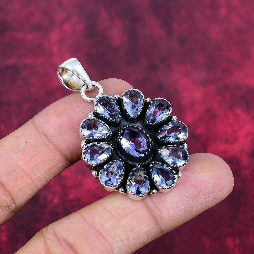 Pendentif en pierre précieuse tanzanite fait à la main, pendentif en argent sterling massif 925, bijoux anciens, pendentif pour cadeau de fiançailles