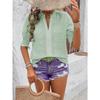 Pleated Short Sleeve Shirts for Women V-Neck Solid Color Loose Blouse Tee Embroidery Hollow Out Dressy Tunic Top