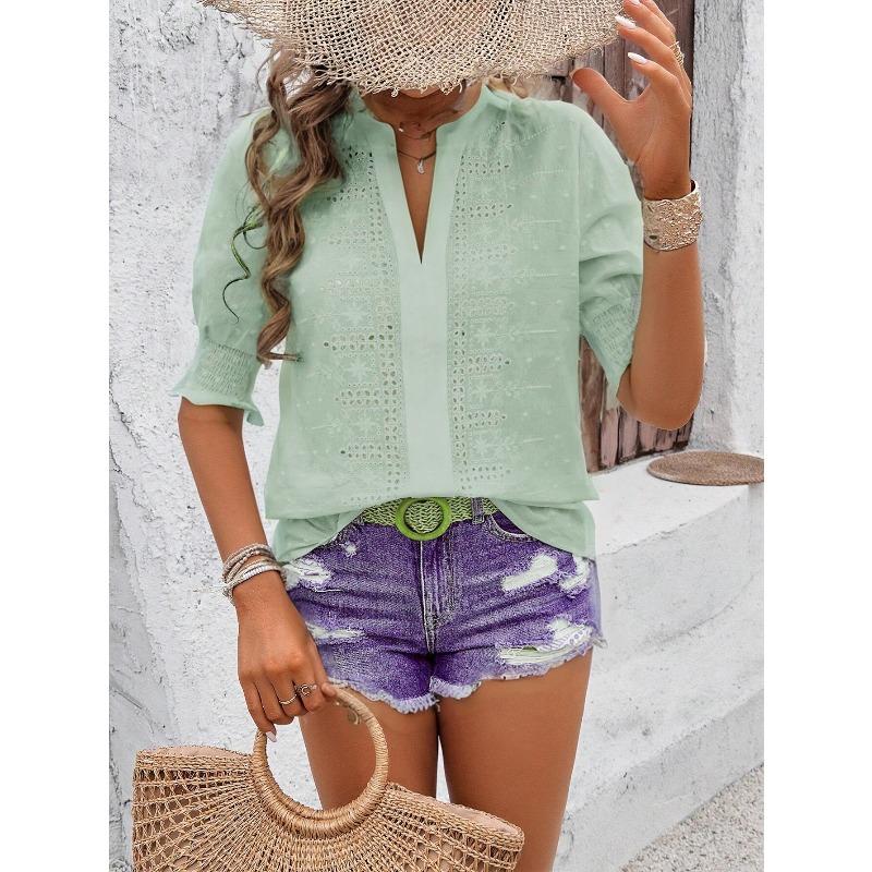 Pleated Short Sleeve Shirts for Women V-Neck Solid Color Loose Blouse Tee Embroidery Hollow Out Dressy Tunic Top