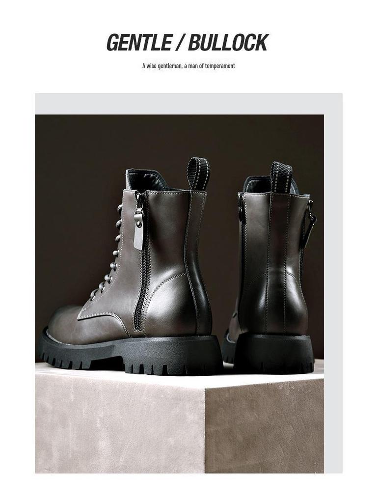 Men's Autumn & Winter Yellow Genuine Leather Boots with Thick Sole, Side Zipper, and Round Toe - Comfortable Mid-High Martin Style.