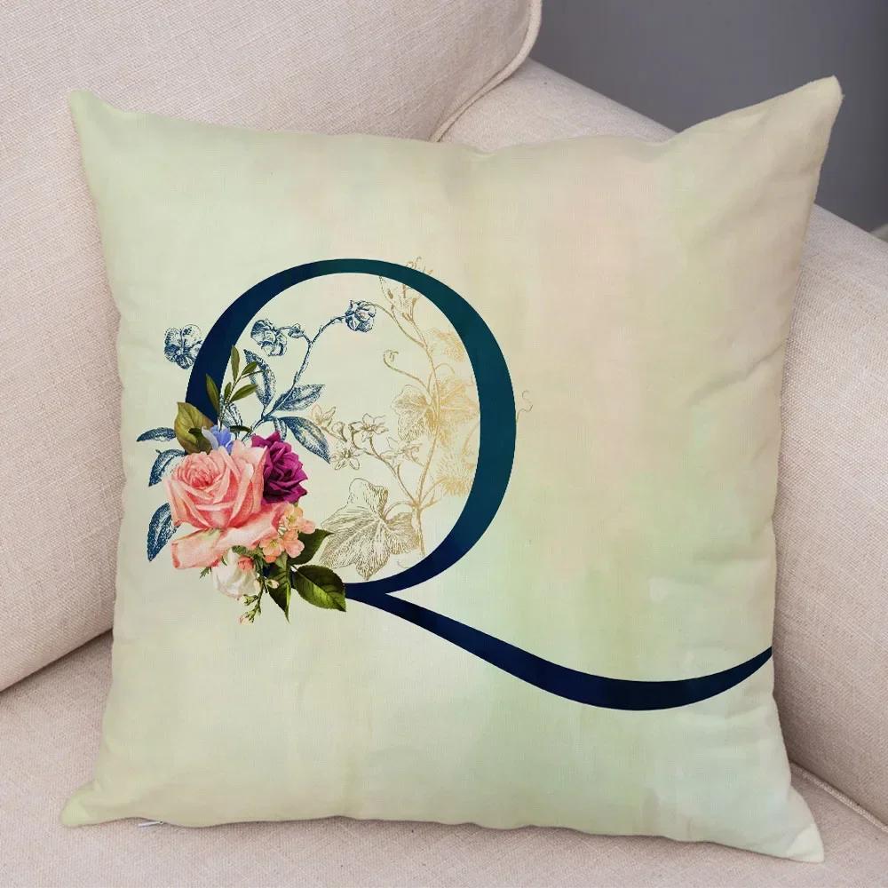English Flower Beige Letter Print Pillow Case for Sofa Home Decor Floral A-Z Cushion Cover Soft Short Plush Pillowcase 45x45cm