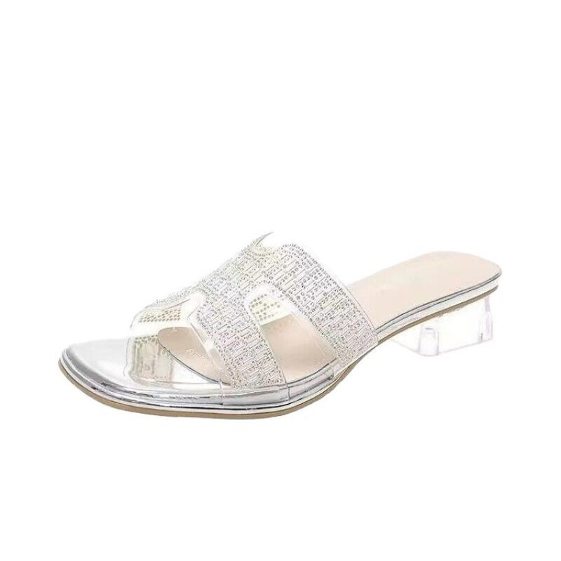 Slippers women's thick heel outer wear summer new rhinestone travel crystal middle heel sandals one-word sandals