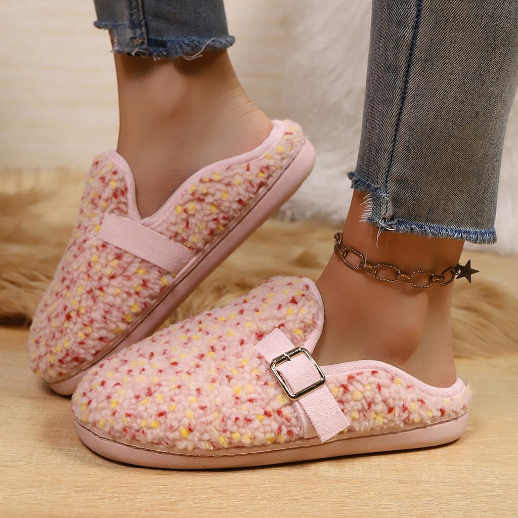 Fashion Flat Cotton Mopping Women's Fashion Round Toe Multicolor Metal Buckle Soft Sole Non-Slip Wrapped Toe Shoes Size 36-41