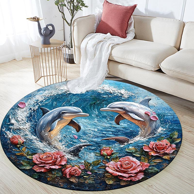 Dolphins Round Area Rug,Carpet Rug for Living Room Bedroom Sofa Playroom Decor,Non-slip Floor Mat