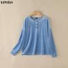 VONDA Autumn Women Casual Long Sleeve Loose Fit Velvet Henley Blouse Pullover Tops