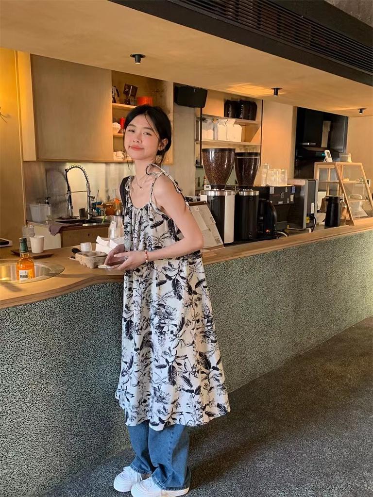 Vintage ink wash print spaghetti strap dress for women, loose summer layered mid-length vacation dress