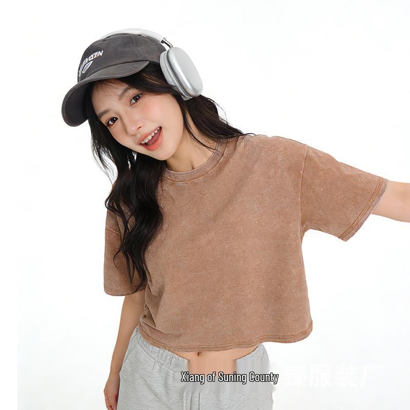 

American Retro Washed 240g Pure Cotton Cropped T-shirt - Women s Trendy Hot Girl Style, Short Sleeves XL