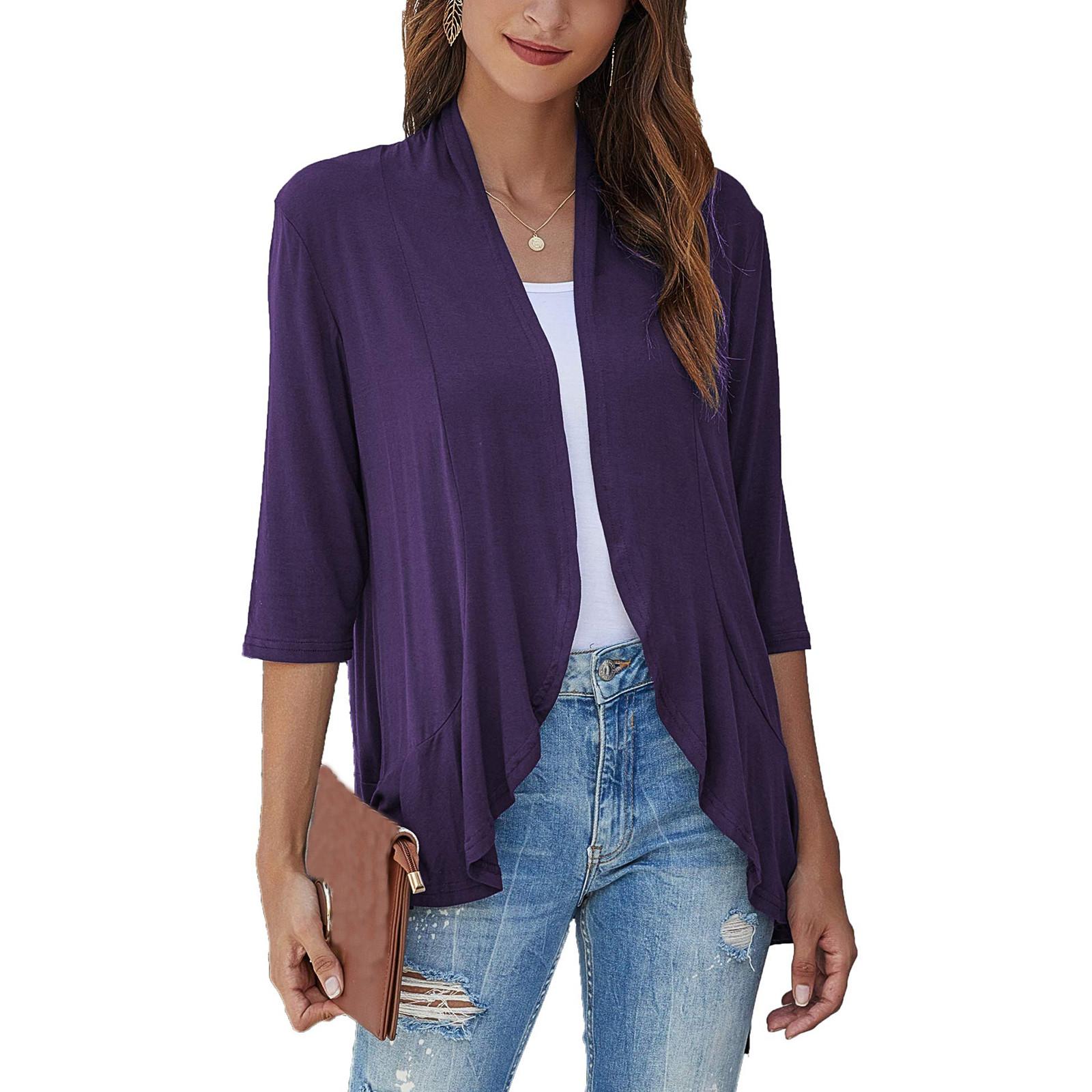 Women s Fashion Casual Seven Minute Sleeve Color Ruffle Cardigan Top L фиолетовый