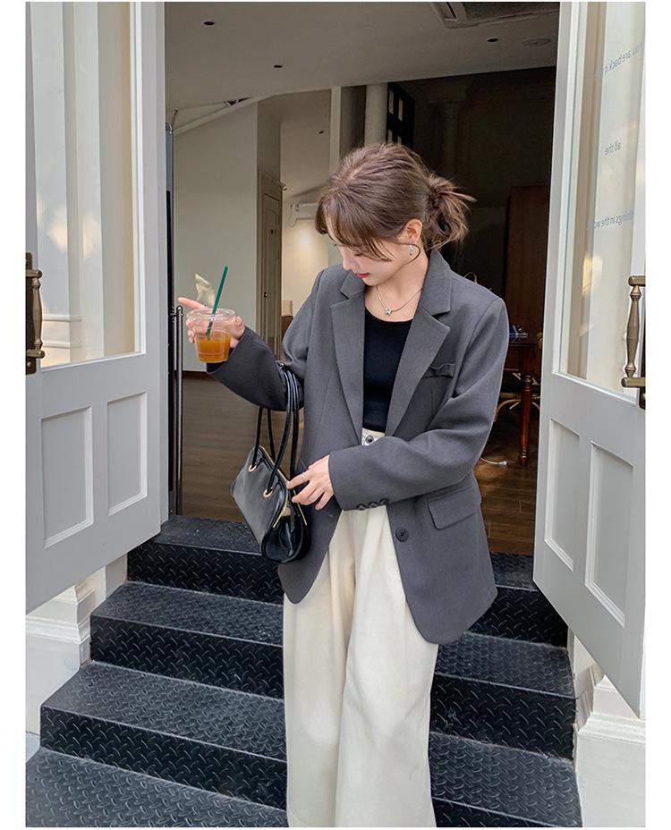 Women's Spring 2025 Fashion Suit Jacket with Rhinestone Lettering - Grey, Casual, All-Match, Loose Fit.