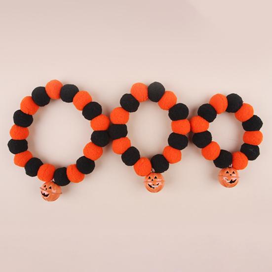 Small Dog Collar for Halloween Pom-Pom Pet Collar, Cute Stretch Cat with Pumpkin Stretchy Bell, Soft Black Orange Pom-Poms Cats Dogs