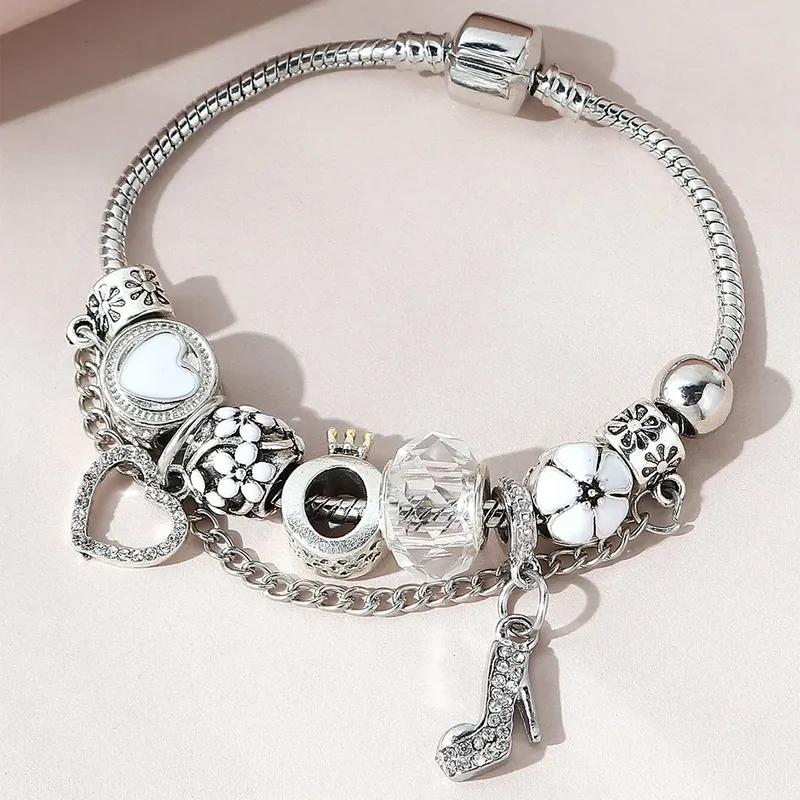 1 Women's Pan Family DIY Multi Element Bracelet with Diamond High Heels Peach Heart Pendant and Snake Bone Chain Bracelet