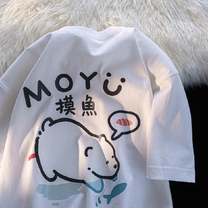 Japanese Katong Cute Polar Bear Print Unisexs and Womens Same Round Neck Short Sleeve Loose Tshirt Top S