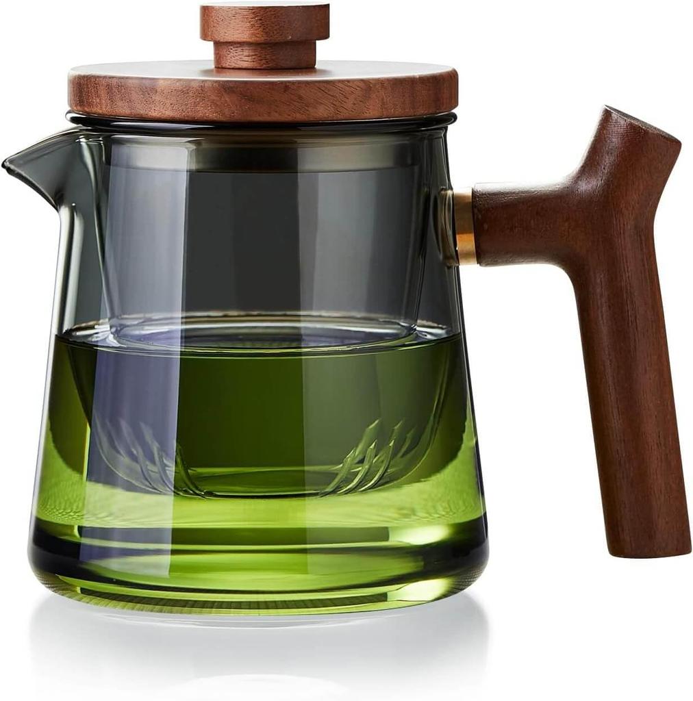 Pokaro Tea Heat-Resistant Glass Teapot, Ink Blue, 560ml Full Capacity, Glass Tea Strainer, Wooden Lid and Handle, Stylish Kyusu Kyusu, Modern Design,