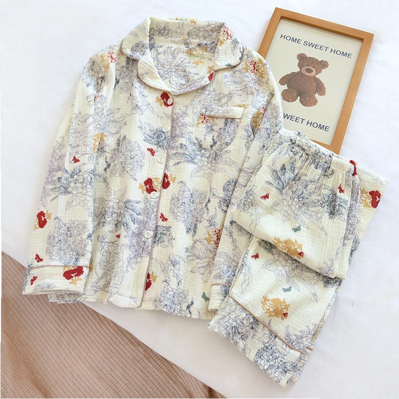 Cotton Yarn Pajamas Goddess of The Sea of Flowers Sweet Style Home Service Cardigan Pajamas Spring and Summer Casual Long-sleeved Plus Size Suit