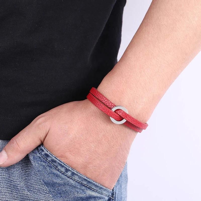 Fashion Double Layer Leather Hand Bracelet for Men Women Charm Stainless Steel Bangles Couples Jewelry Wristband Gift