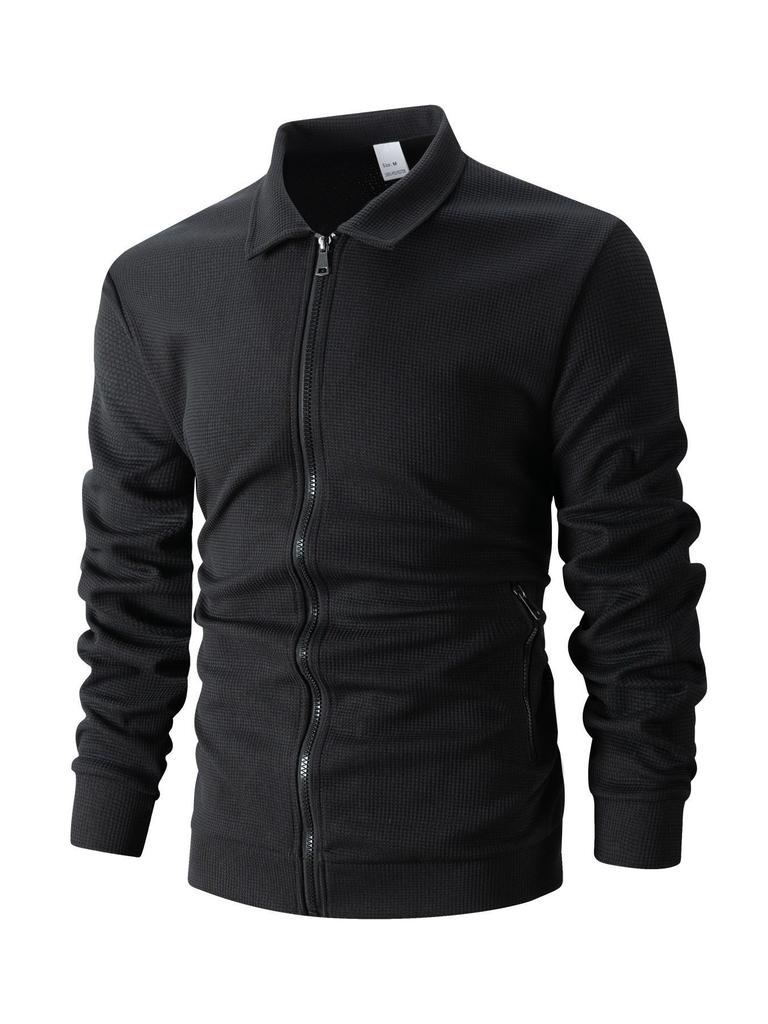 2025 Men's Slim Fit Cardigan Jacket Set with Waffle Knit, Zipper Pocket, and Lapel Collar for Spring and Autumn