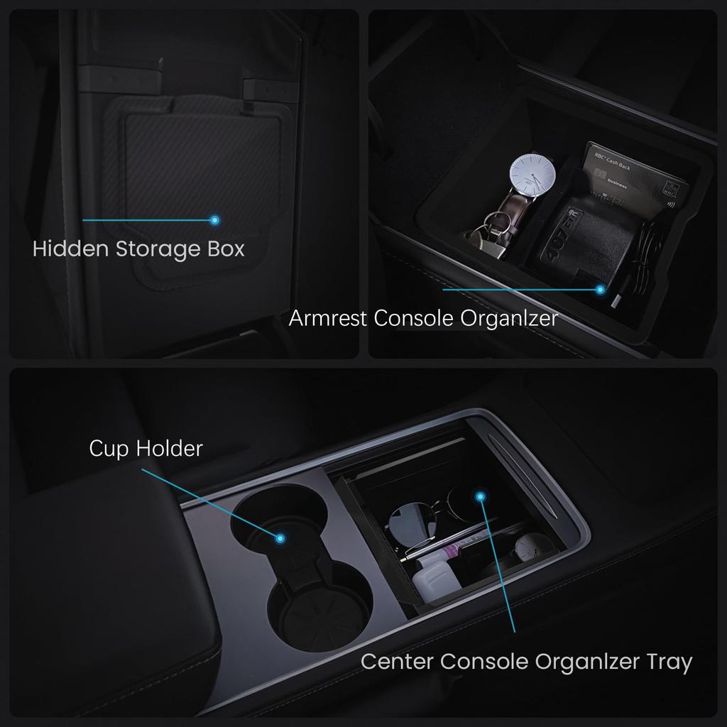 CARENTR Tesla New Model Y Juniper & Model 3 Center Console Organizer (Dual-Tier Storage, Smooth Slide) – Compatible with Model 3 (2024-2025) / New Mod