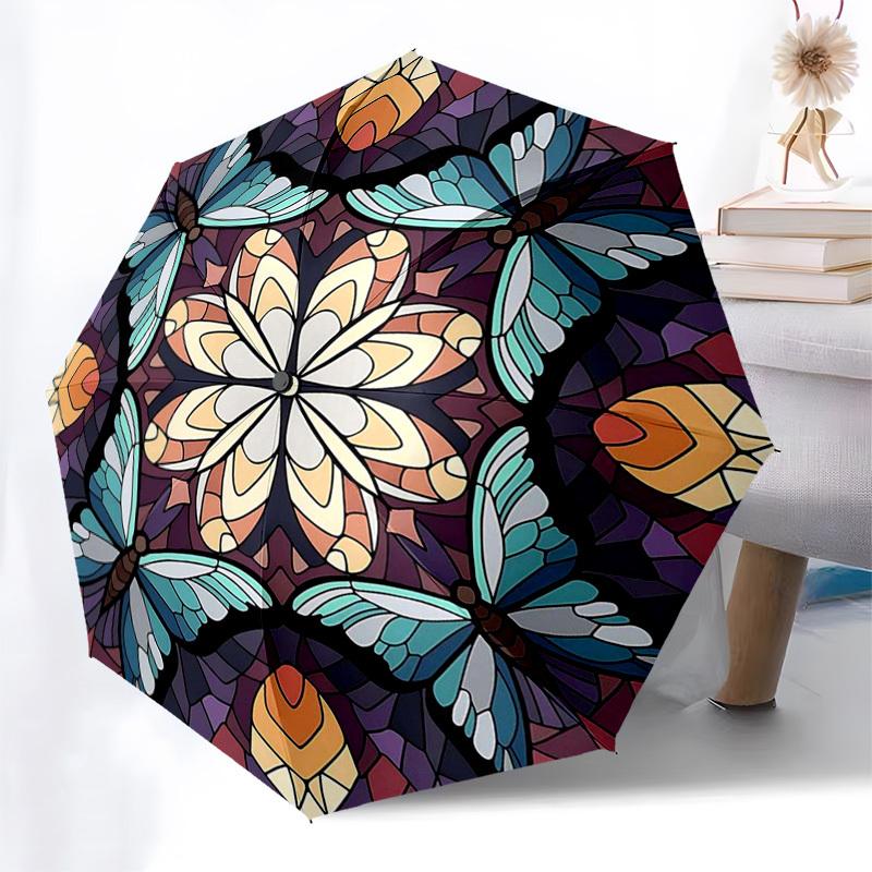 

1pc Stained Glass Dragonfly Mandala Automatic Folding Umbrella - Portable 3-Fold Design with 8-Bone Iron Frame, Outdoor for Fans, Travelers, Daily Use