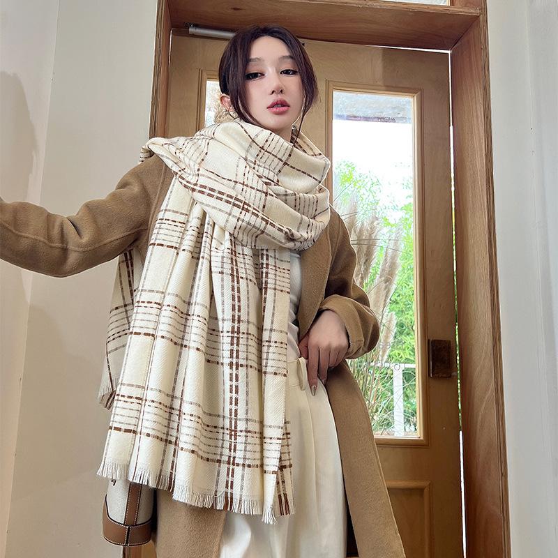 Versatile Wool Scarf for Women in Autumn and Winter Fashionable  Gentle and Simple  Fine Grid Scarf Warm Comfortable  Elegant and High End Shawl