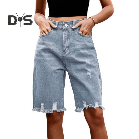 Women's High Waisted Distressed Bermuda Denim Shorts Knee Length Ripped Stretchy Jean Shorts with Pockets Frayed Hem Short Pants