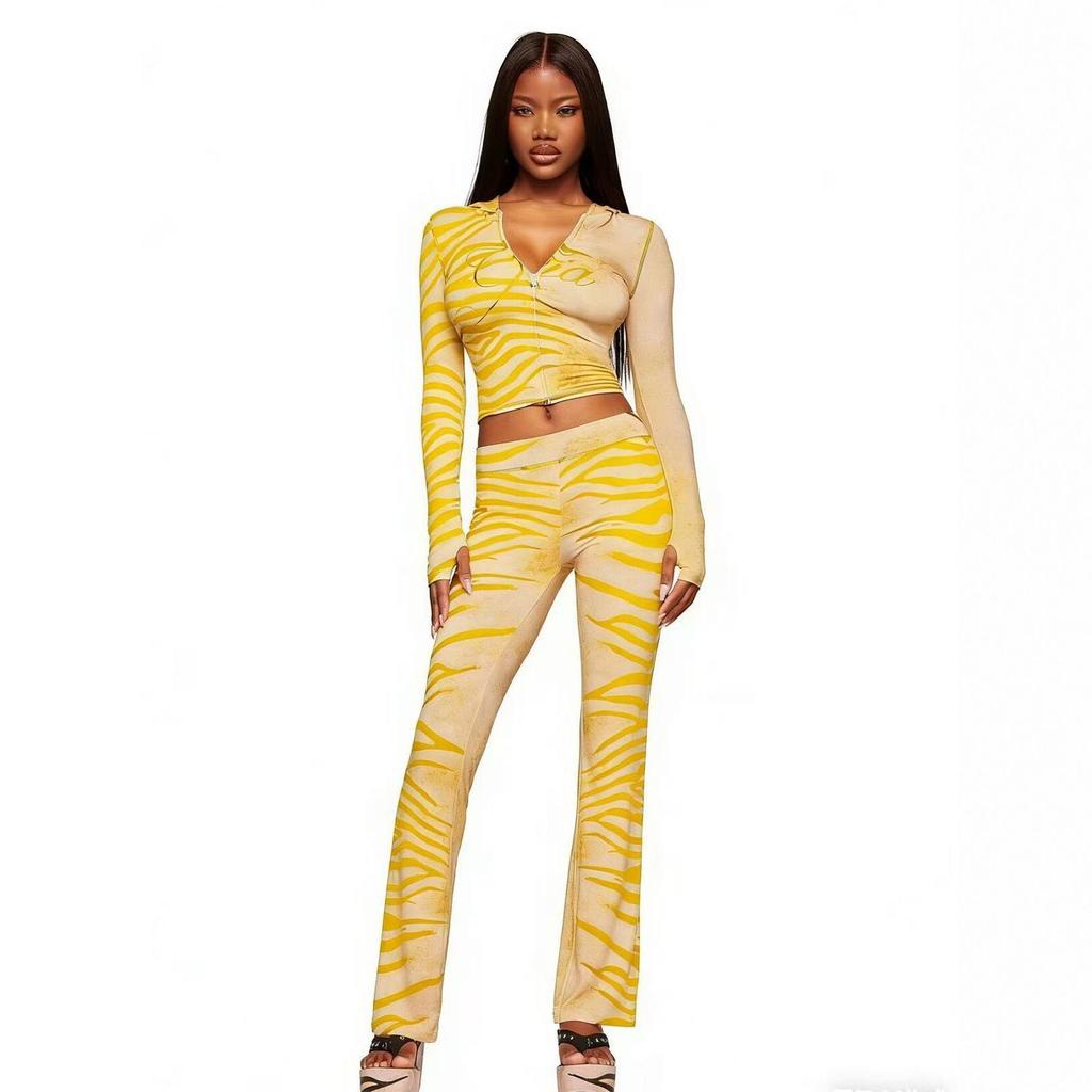 European & American Animal Print Hooded Color Block Elastic Jacket & Pants Set