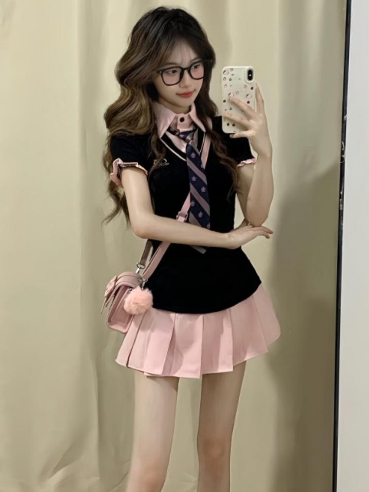 College style fake two-piece Polo collar short-sleeved dress summer American sweet and spicy waist and thin JK pleated short skirt