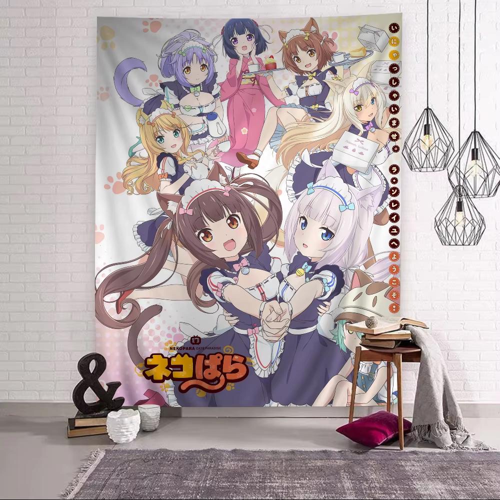 Katzenohr Maid Anime Wandteppich Niedlicher Chibi-Stil Wanddeko für Schlafzimmer Spielzimmer Arbeitszimmer Modernes Otaku Flachdruck