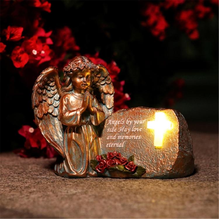 Resin Praying Angel Garden Statue With Solar Lighted Crosses Outdoor Waterproof Sculpture Grave Lamp for Patios Cemetery