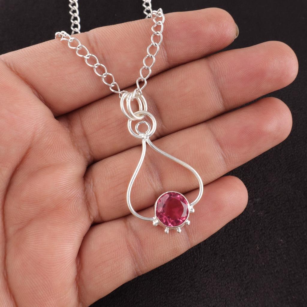 Round Pink Tourmaline Stone Birthday Gift Artisan New Pendant Jewelry 925 Silver PP-40-12