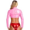 Women's Patent Leather Long Sleeve Crop Top Tee Shirts Party Club Clubwear