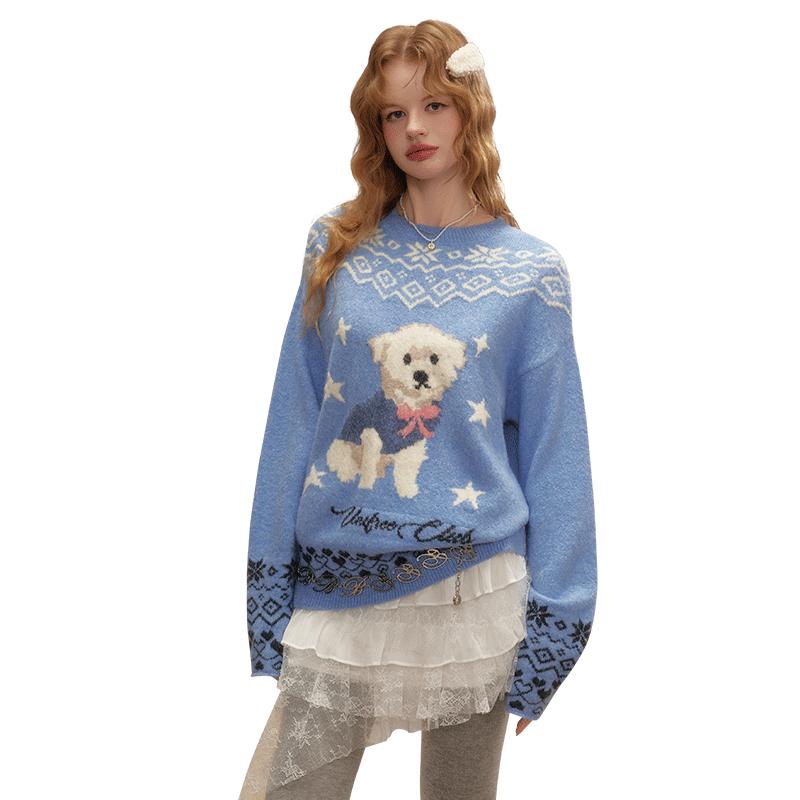 

UNIFREE Preppy Cat Jacquard Knit Pullover Sweater M