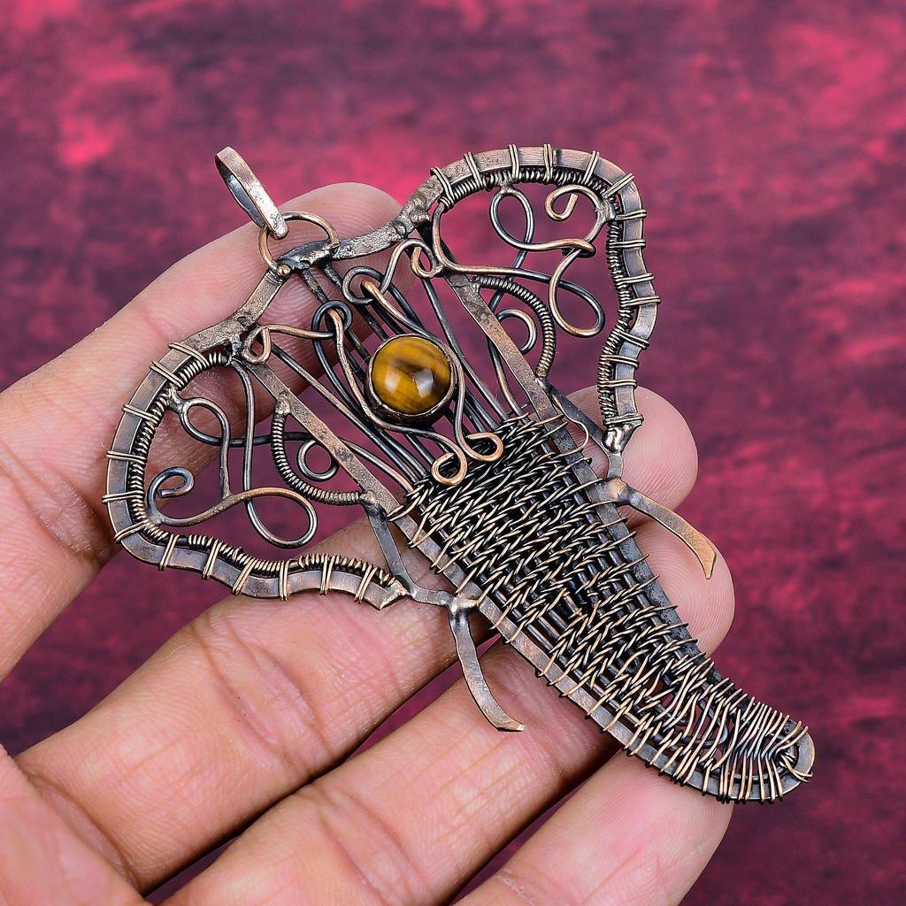 Tiger's Eye Gemstone Pendant Copper Wire Wrapped Decent Jewelry Elephant Pendant