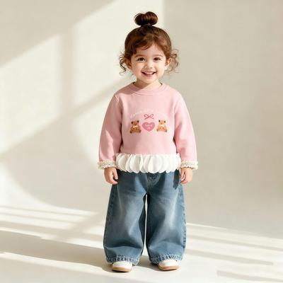 Trendy Autumn 2025 Girls' Bear Print Lace T-Shirt - Cute & Stylish