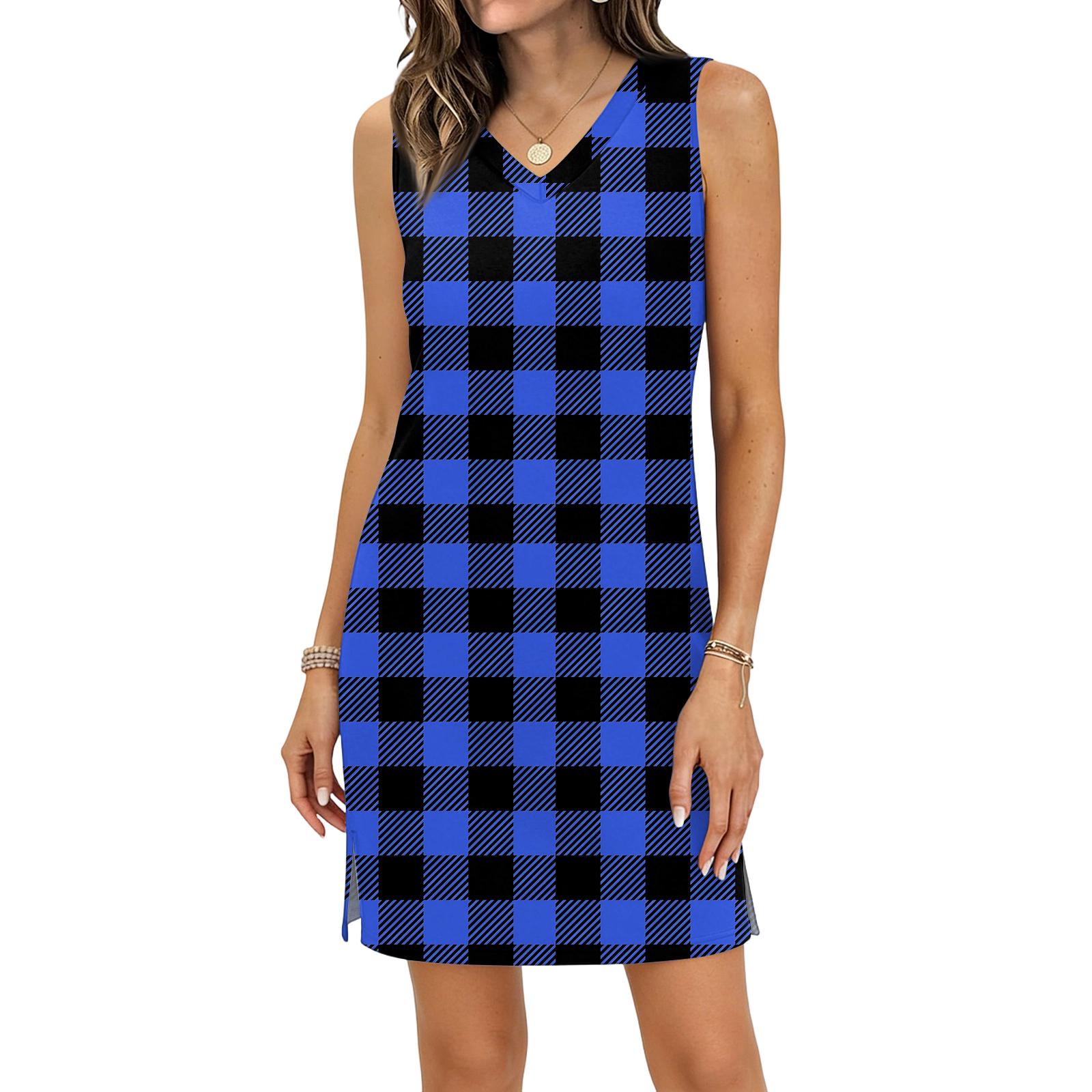 Women s Casual V-neck Sleeveless Split Hem Plaid Print Dress S