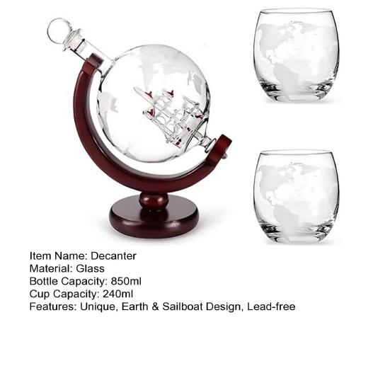World Earth Decanter Set, 850ml Ship Whiskey Decanter with 2 Glasses, Wood Stand Rotating Wine Dispenser, Gift for Men Dad