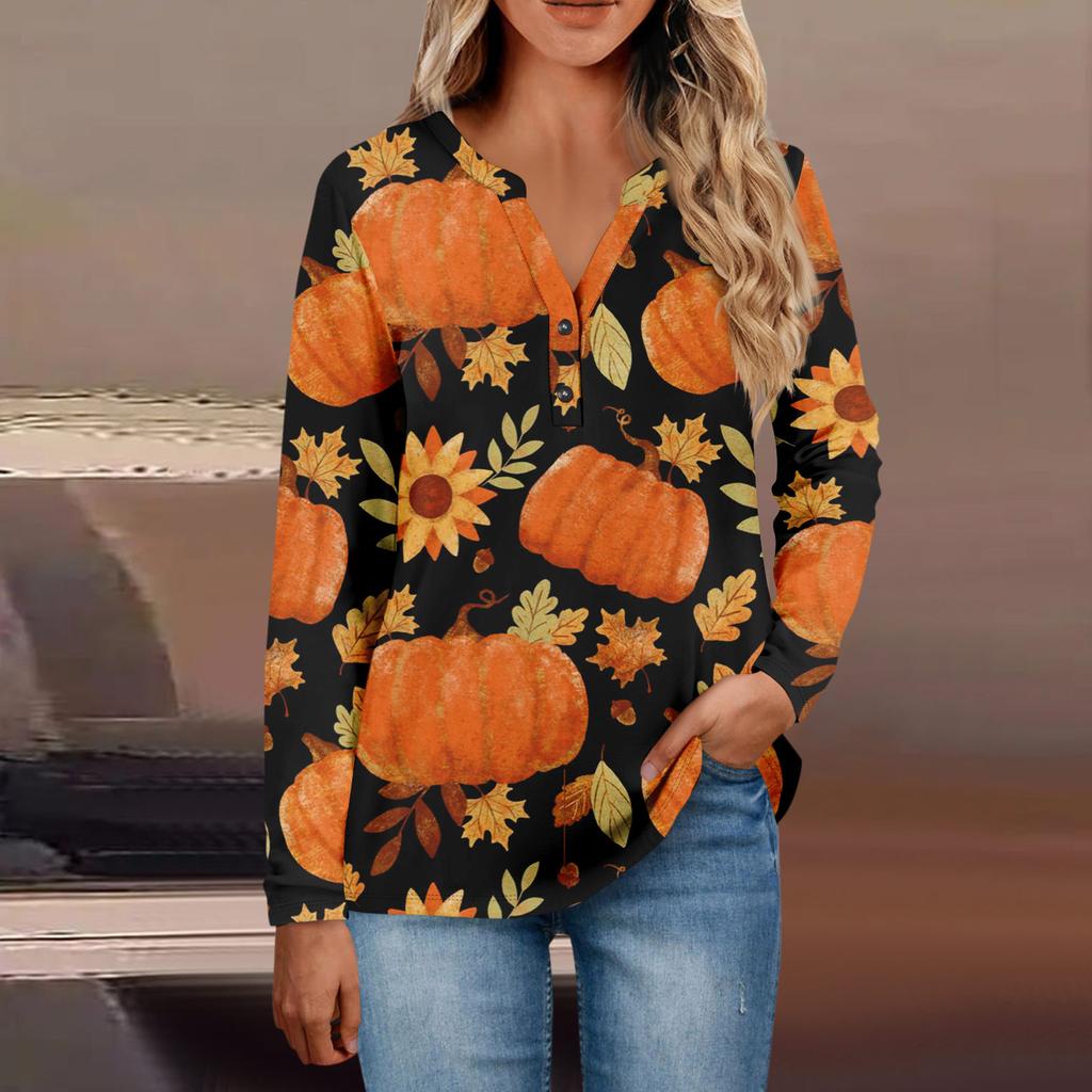 Damen-Oberteile mit Knopfleiste, lässige Oberteile für jeden Tag, langärmelig, V-Ausschnitt, modisches Print-Shirt, Tops, T-Shirt mit Tasche, Sweatshirts