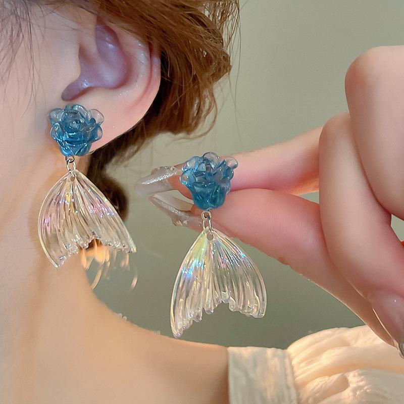 Silver needle blue butterfly oil-dip diamond-inlaid stud earrings, artistic and fresh style, fashionable and luxurious, high-end earrings