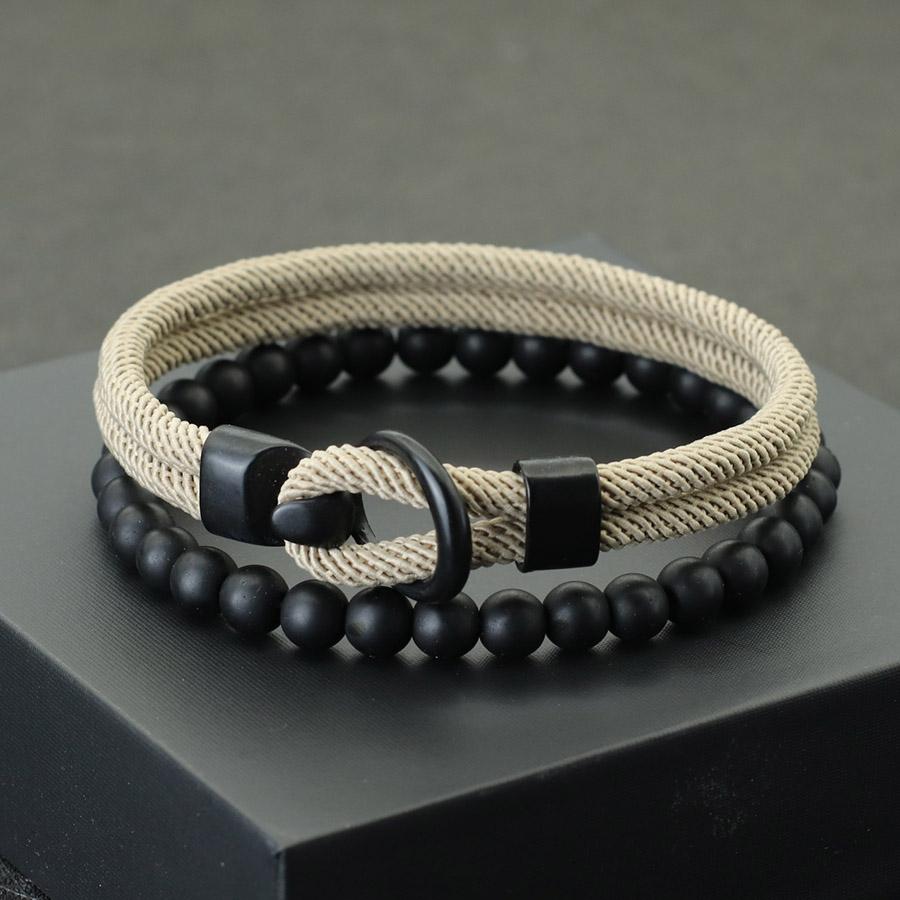 Noter Neues 2-teiliges/Set Herren Armband-Set Doppellagiges Seil Nautisches Armband 6mm Schwarzer Onyx Stein Armband Freizeit Zubehör Pulseria