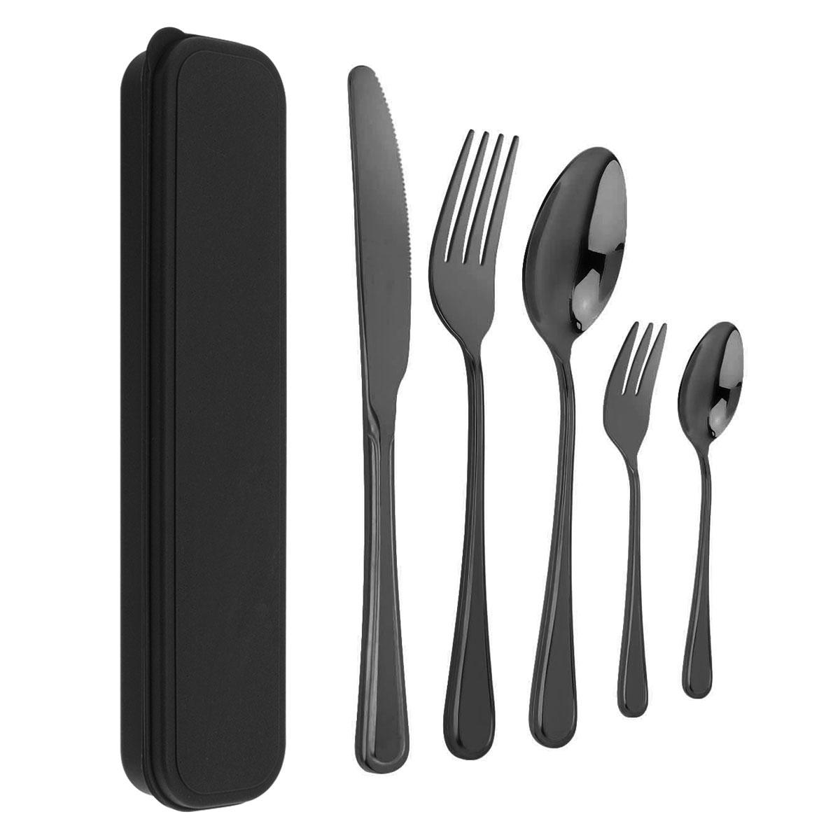 

5 шт./компл. портативный дорожный набор столовых приборов из нержавеющей стали для кемпинга, пикника/школьного обеда/ежедневного использования с коробкой для посуды чёрный