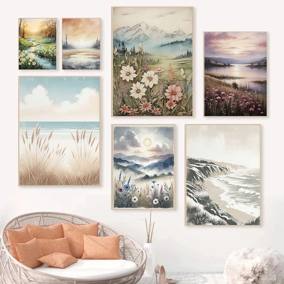 Nursery Landscape Sunset Daisy Flower Posters Wildflower Field Modern Prints Canvas Painting Wall Art Pictures Home Room Decor