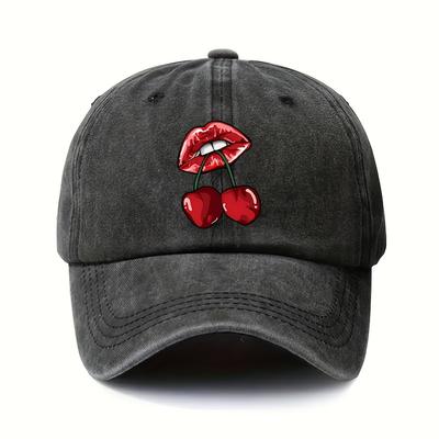 Sexy Lips Cherry Print Washed Baseball Cap Trendy Unisex Casual Polyester Adjustable Sport Hat