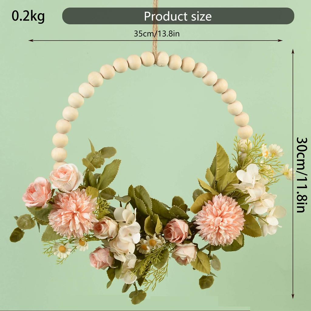 Wood Beads Artificial Flower Wreath for Front Door Spring Wreath for Wedding Valentines Indoor and Outdoor Decoration