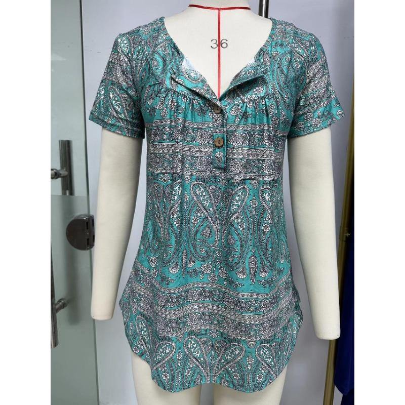 Letni damski T-shirt ze sznurkiem, guzikiem, luźny, z nadrukiem, jaskółczy ogon, krótki rękaw