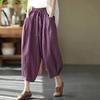 Women's Dopamine Retro Zen Style Elastic Waist Cotton Linen Cropped Harem Pants for Spring Summer