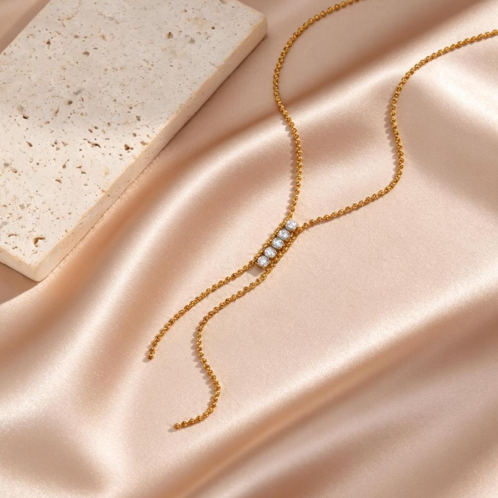 Fashion Stainless Steel Beads Chain Long Drop Necklace 18K Gold Plated Zircon Y-shaped Necklace for Women Non Fading Jewelry