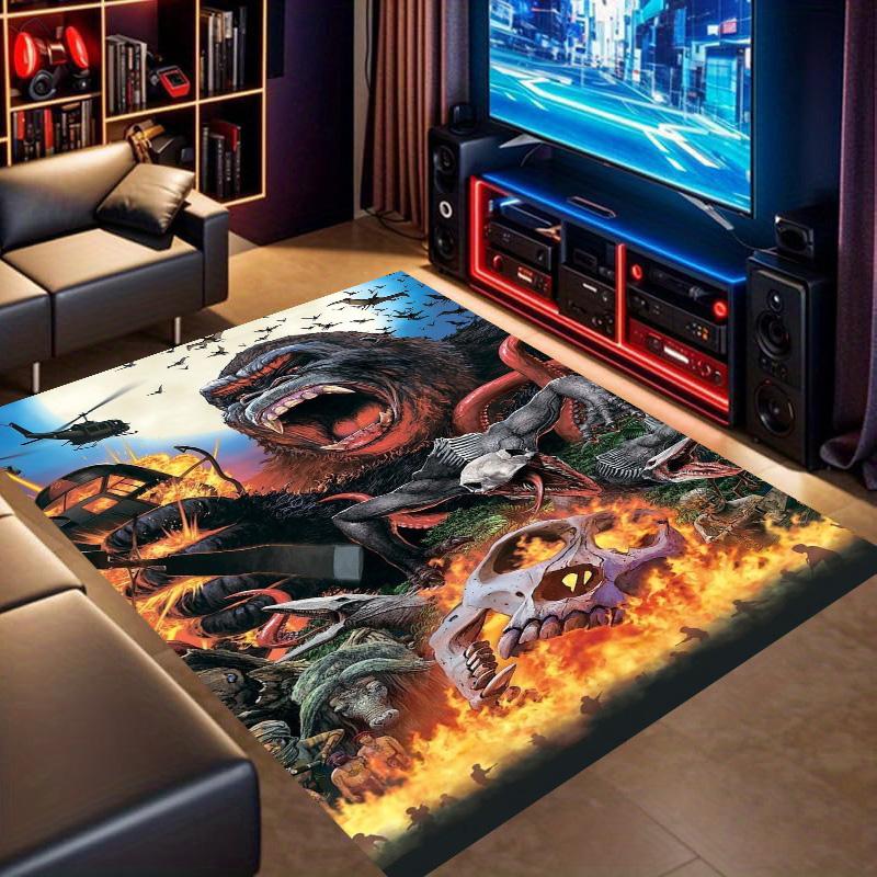 Giant Monster Beast Battle Scene Print Area Rug Non‑Slip Rectangular Floor Mat Fantasy Creature Decor Rug for Gaming Room Bedroom Living Room