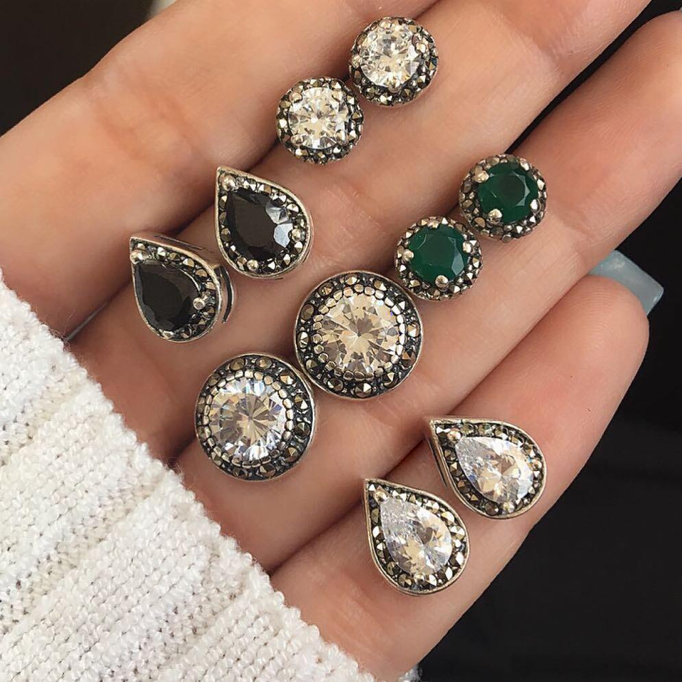 Vintage 5 Pairs of Imitation Gemstone Crystal Water Drop Bohemian Stud Earrings